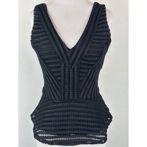 GUESS Matilda Shadow Mesh Peplum Top Black Sheer Lace V Neck Size S